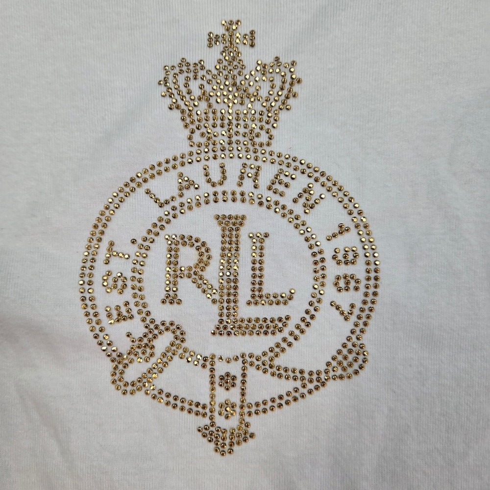 Lauren Ralph Lauren T Shirt Womens 2X Rhinestone Crest Logo Cotton White Top 80c